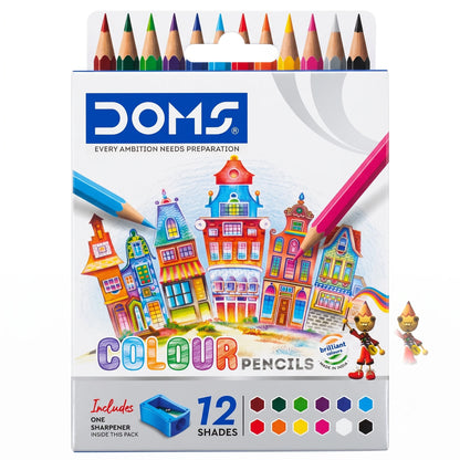 DOMS Brilliant Colours Pencils - Pack of 12 Shades with Free Sharpener