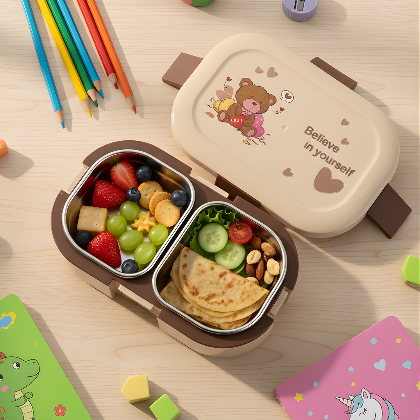 Cute Teddy Printed Kids Lunch Box (500ml  1 Pc)