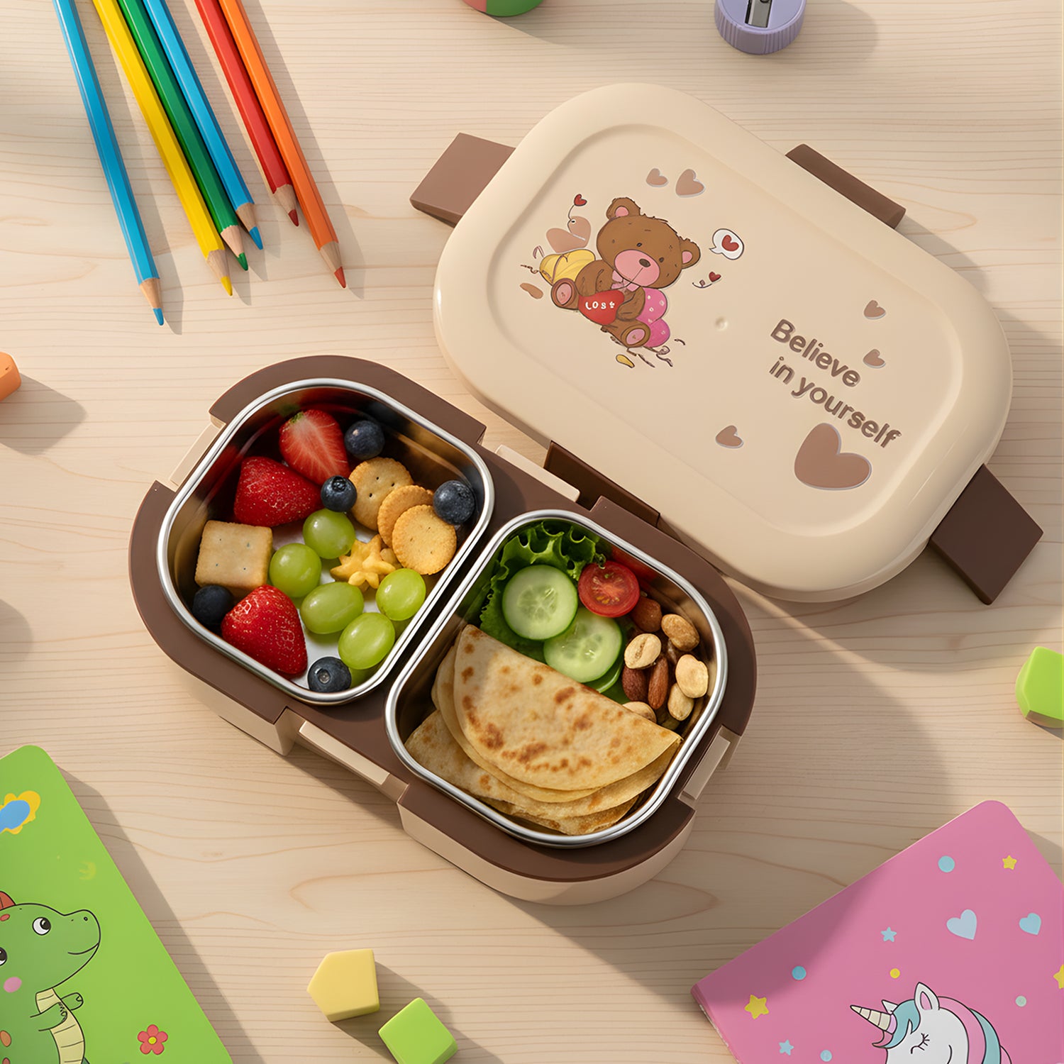 Cute Teddy Printed Kids Lunch Box (500ml  1 Pc)