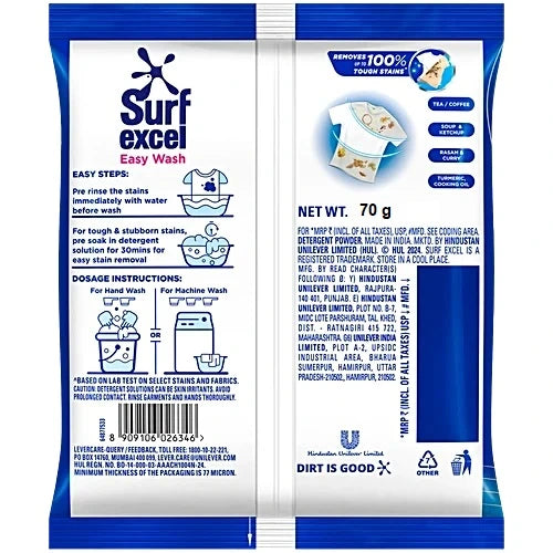 Surf Excel Easy Wash Detergent Powder, 70 g
