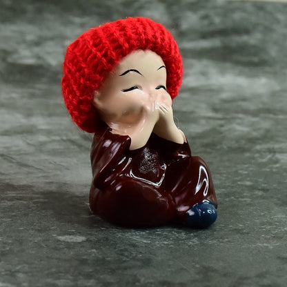 Decorative Resin Monk Buddha Showpiece Set Of 4 With Traditional Straw Hats