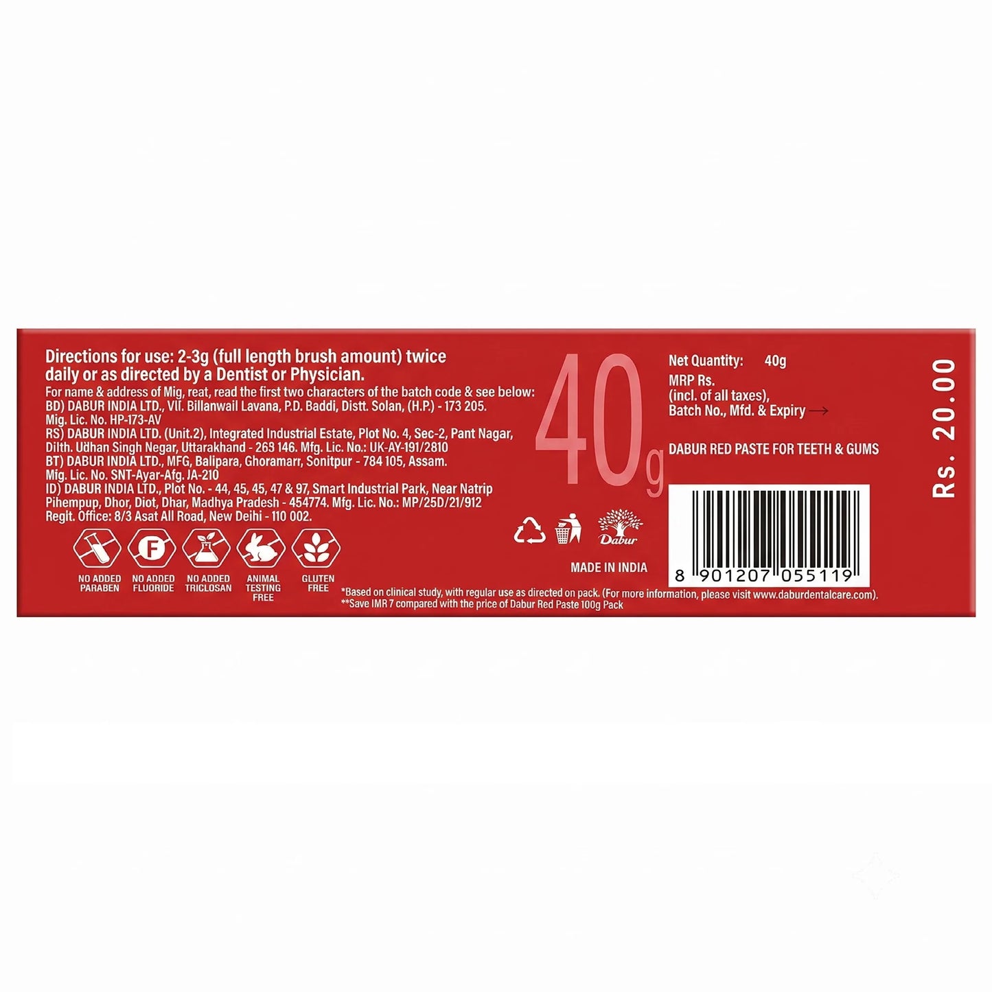 Dabur Red Toothpaste - Paste for Teeth and Gums, 40 g