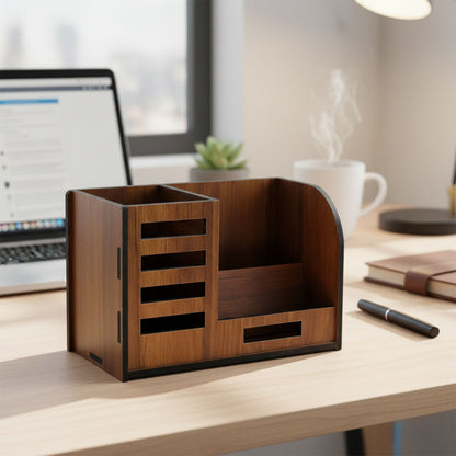 Premium Wooden Desk Organizer With Phone Stand Pen Holder Card Holder (1 Pc)