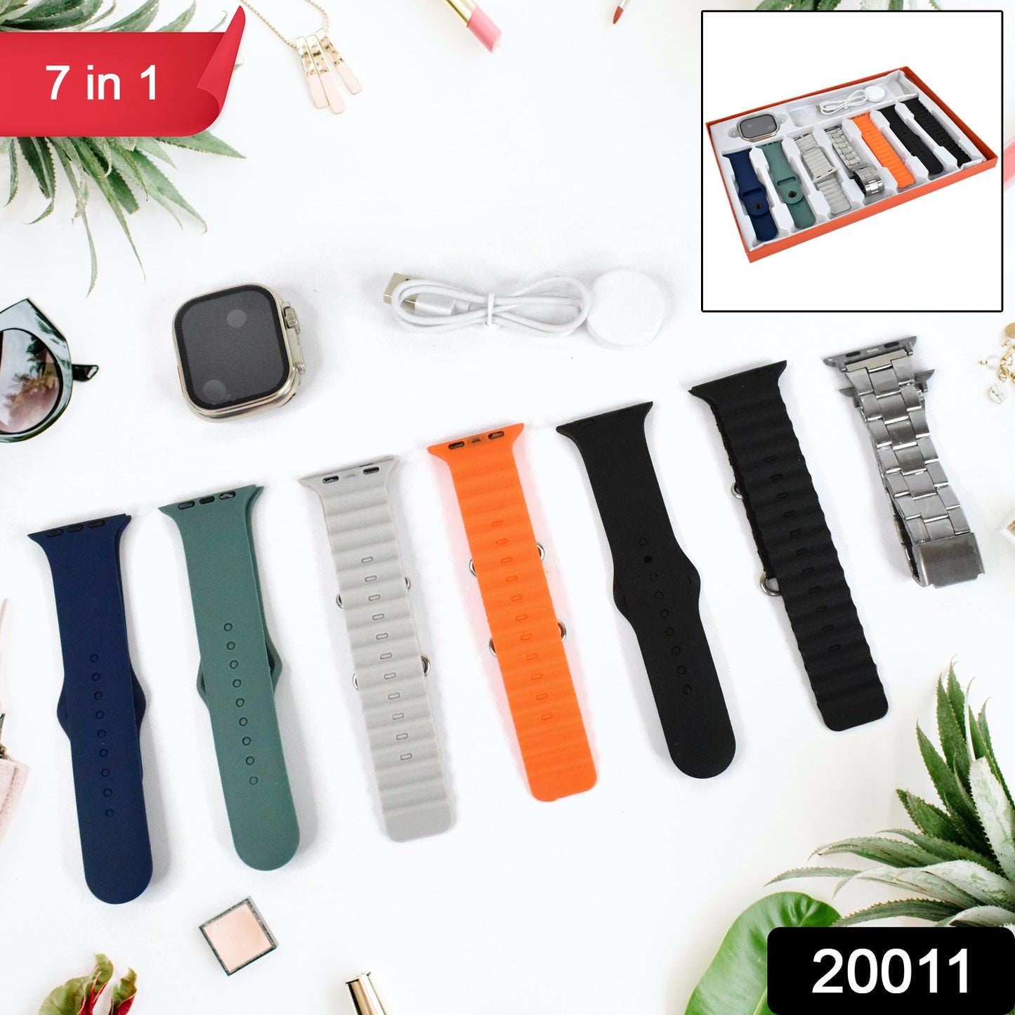 7 In 1 Ultra Smart Watch Combo With Seven Classic Straps  Transparent Screen Guard (1 Set  Mix Color)