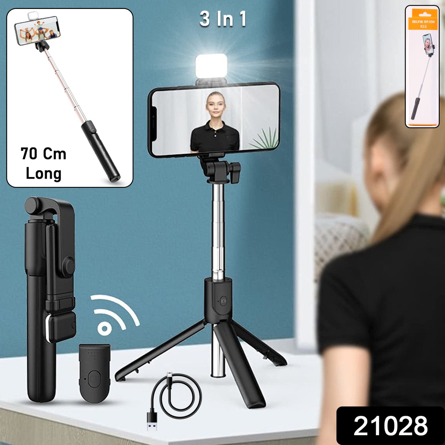 3 In 1 Wired Selfie Stick With Extendable Handle (70 Cm Long)