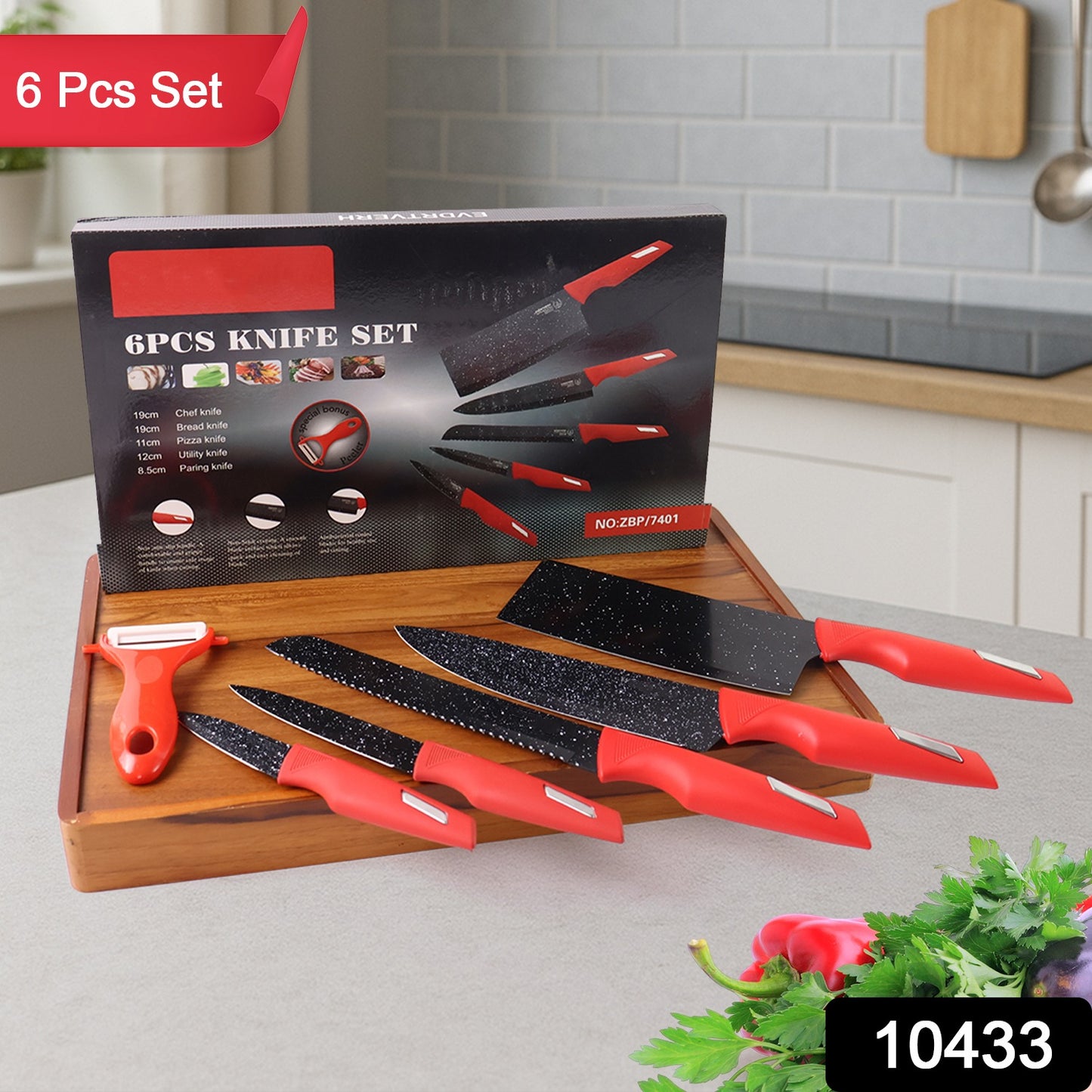 Kitchen Knife Set With Marble-coated Blades  Red Handles (6 Pc)