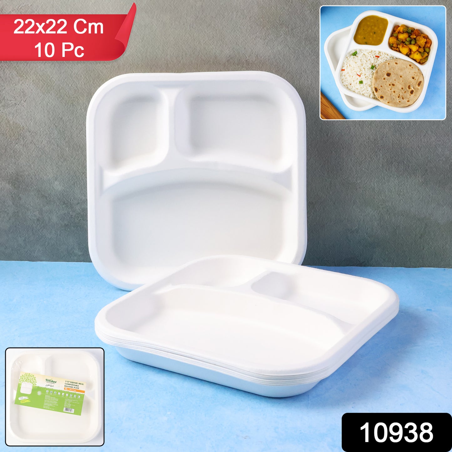 Compostable Bagasse 3-compartment Square Meal Plate