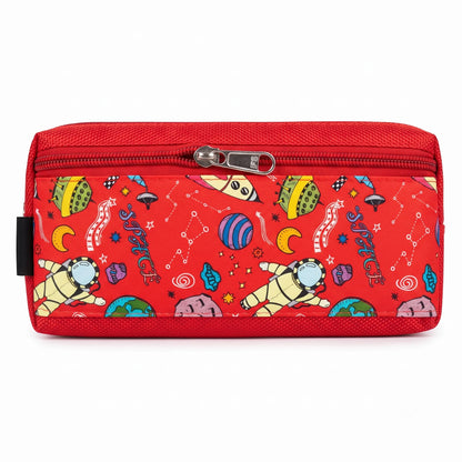 Red Space Theme Pencil Pouch for Kids  Astronaut Printed Zipper Pen Case for School