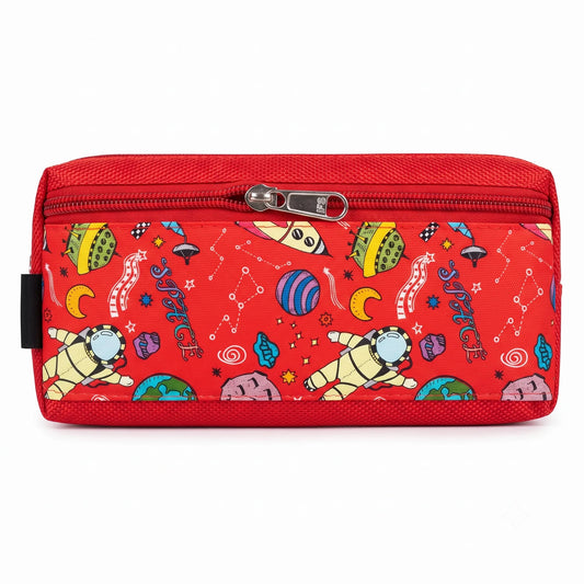 Red Space Theme Pencil Pouch for Kids  Astronaut Printed Zipper Pen Case for School
