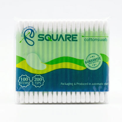 SQUARE Cotton Swabs For Ear Cleaning - 100 Stems, 200 Tips