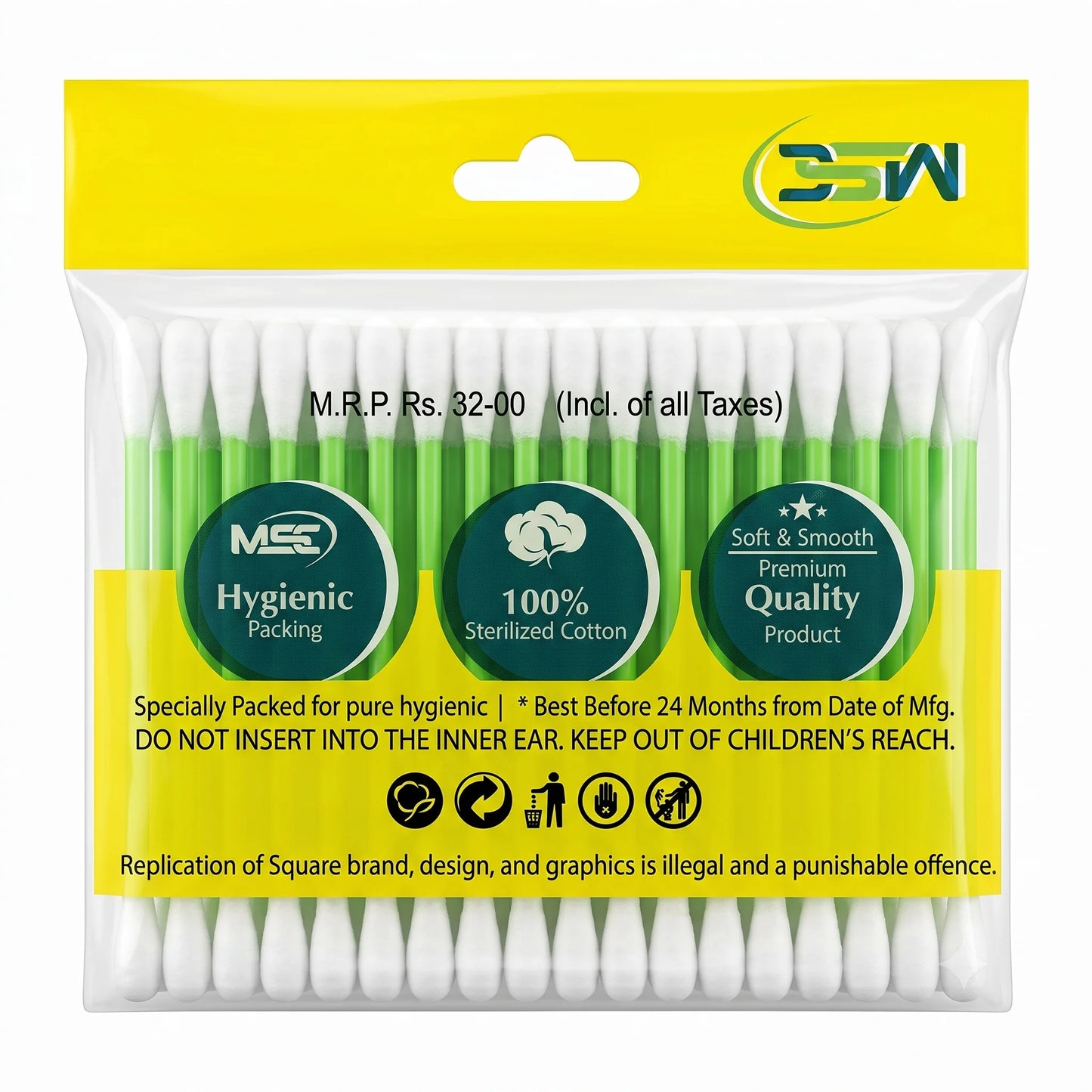 SQUARE Cotton Swabs For Ear Cleaning - 100 Stems, 200 Tips