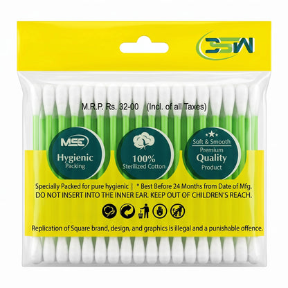 SQUARE Cotton Swabs For Ear Cleaning - 100 Stems, 200 Tips