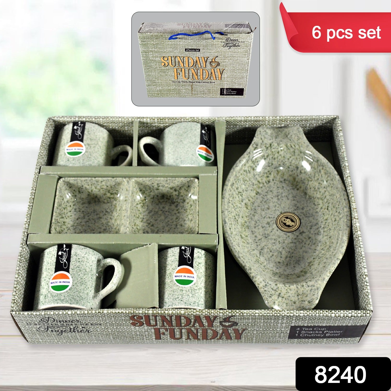 8240 Sunday Funday Ceramic Tea  Cups  Mug With Plastic Snacks Platter And 2 Compartment Chutney Bowl Milk Cup Coffee Cup Breakfast Cup Drinking Mug Or Outdoor For Household Gift For Birthday Wedding Party (6 Pcs Set)