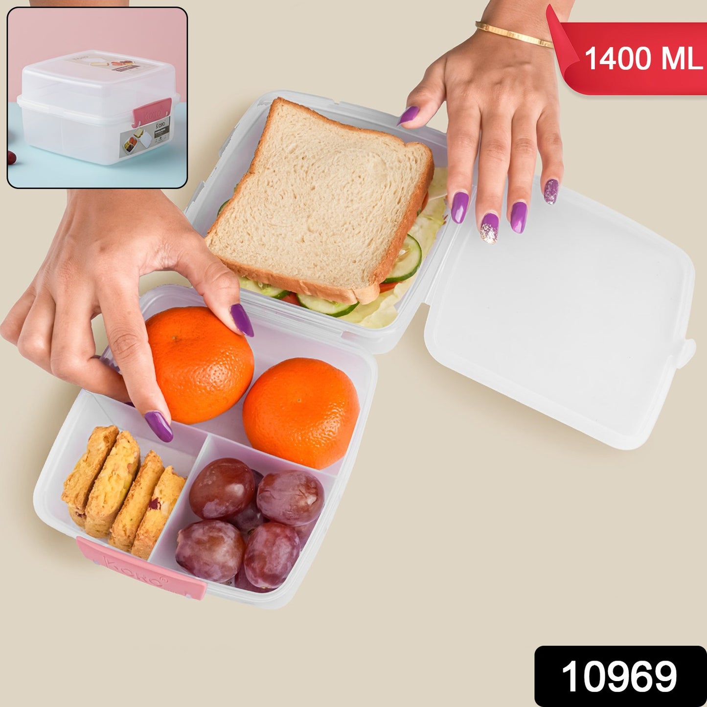 1 Large And 3 Small -compartment 1400 Ml Multipurpose Lunch Box (1400 Ml  1 Pc)