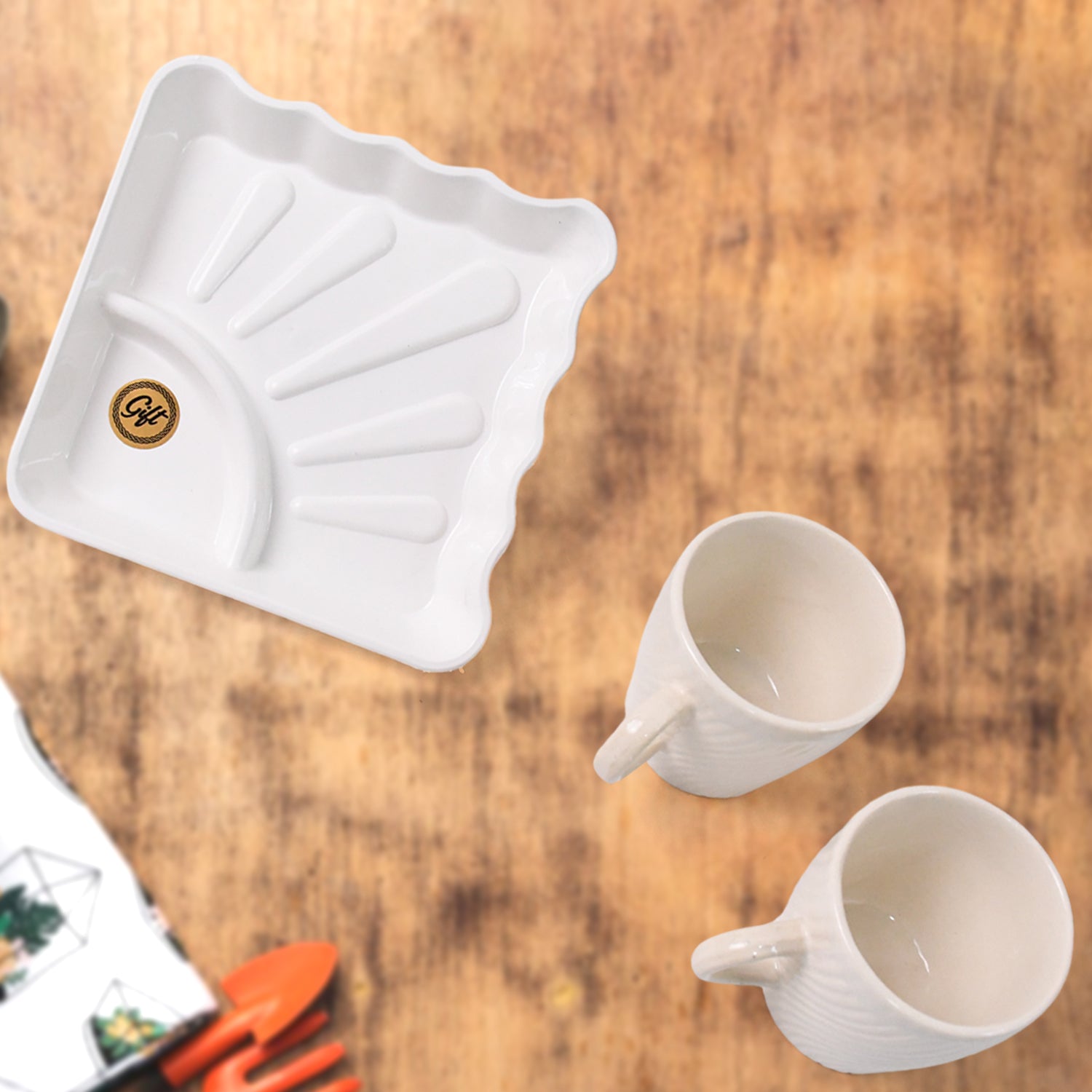 Cerntric Ceramic Tea Cup With Plastic Square Shape Serving Platter Milk Cup 3pc Set